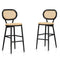 PURPLE LEAF bar stools set of 2 with white background,The unique black shell-shaped round seat combines traditional hand-woven craftsmanship with modern style design, adding elegance. Made of rust-resistant aluminum, it is stable, sturdy, and lightweight with a 440 lbs. capacity. High-quality PE rattan material is smooth, waterproof, UV-resistant, fade-resistant, and easy to clean, offering a pleasant sitting experience.