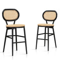 PURPLE LEAF bar stools set of 2 with white background,The unique black shell-shaped round seat combines traditional hand-woven craftsmanship with modern style design, adding elegance. Made of rust-resistant aluminum, it is stable, sturdy, and lightweight with a 440 lbs. capacity. High-quality PE rattan material is smooth, waterproof, UV-resistant, fade-resistant, and easy to clean, offering a pleasant sitting experience.