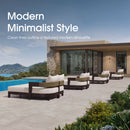 Modern minimalist outdoor daybeds with cream cushions and woven backs by pool