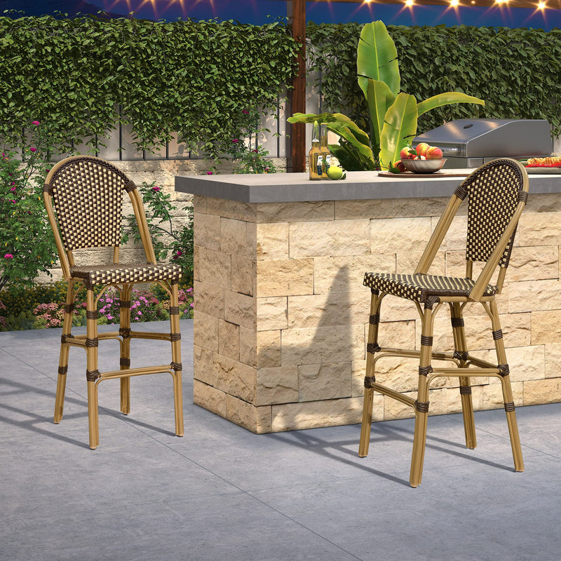 PURPLE LEAF French Counter Height Bar Height Stool Set of 2, Patio Bar Chairs with Back Rattan, French Bistro Set