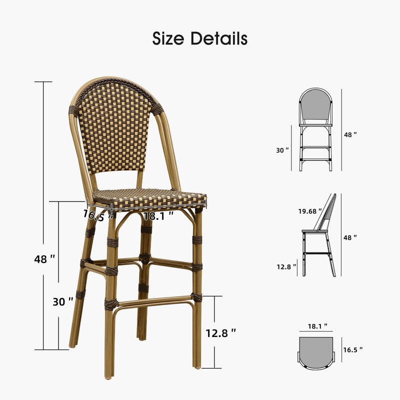 PURPLE LEAF French Counter Height Bar Height Stool Set of 2, Patio Bar Chairs with Back Rattan, French Bistro Set