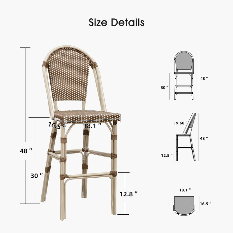 PURPLE LEAF French Counter Height Bar Height Stool Set of 2, Patio Bar Chairs with Back Rattan, French Bistro Set