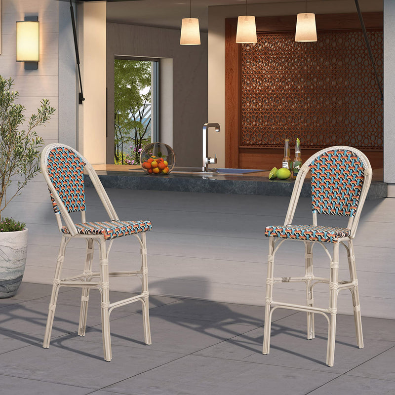PURPLE LEAF French Counter Height Bar Height Stool Set of 2, Patio Bar Chairs with Back Rattan, French Bistro Set