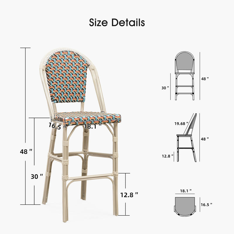 PURPLE LEAF French Counter Height Bar Height Stool Set of 2, Patio Bar Chairs with Back Rattan, French Bistro Set