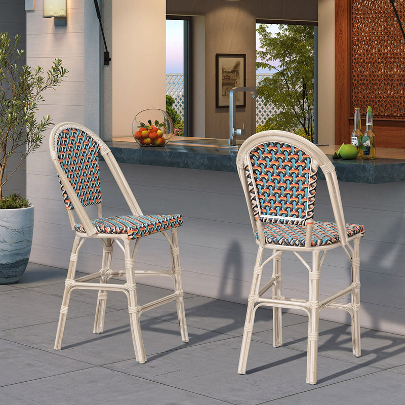 PURPLE LEAF French Counter Height Bar Height Stool Set of 2, Patio Bar Chairs with Back Rattan, French Bistro Set