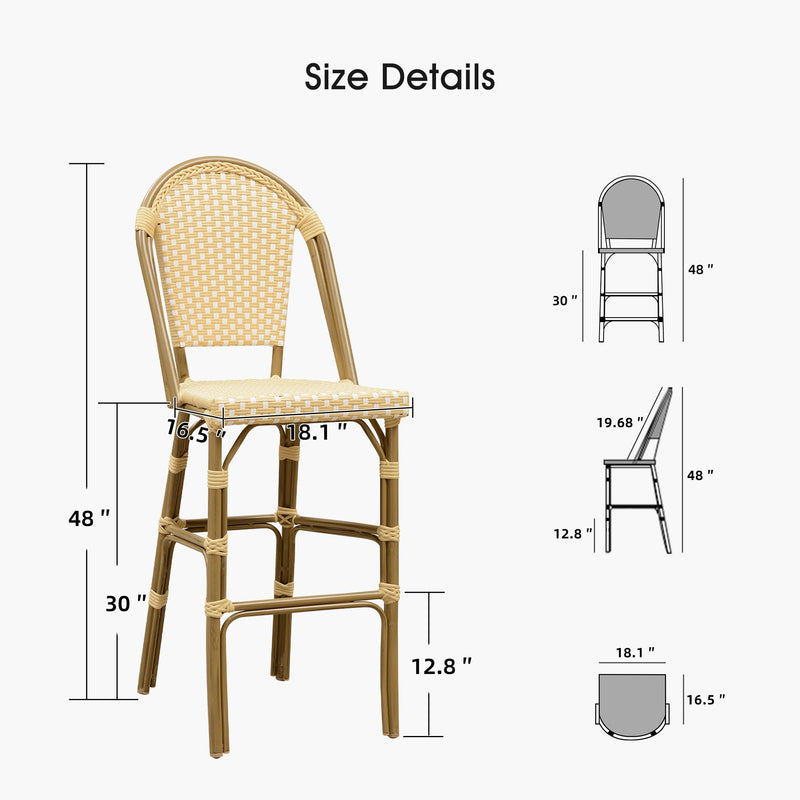 PURPLE LEAF French Counter Height Bar Height Stool Set of 2, Patio Bar Chairs with Back Rattan, French Bistro Set