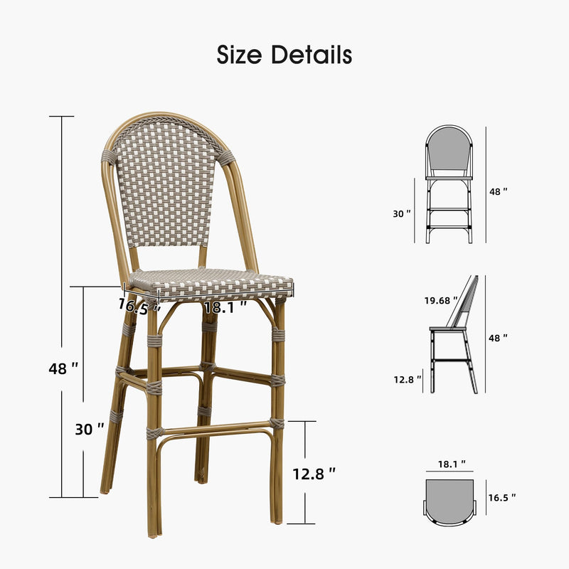 PURPLE LEAF French Counter Height Bar Height Stool Set of 2, Patio Bar Chairs with Back Rattan, French Bistro Set