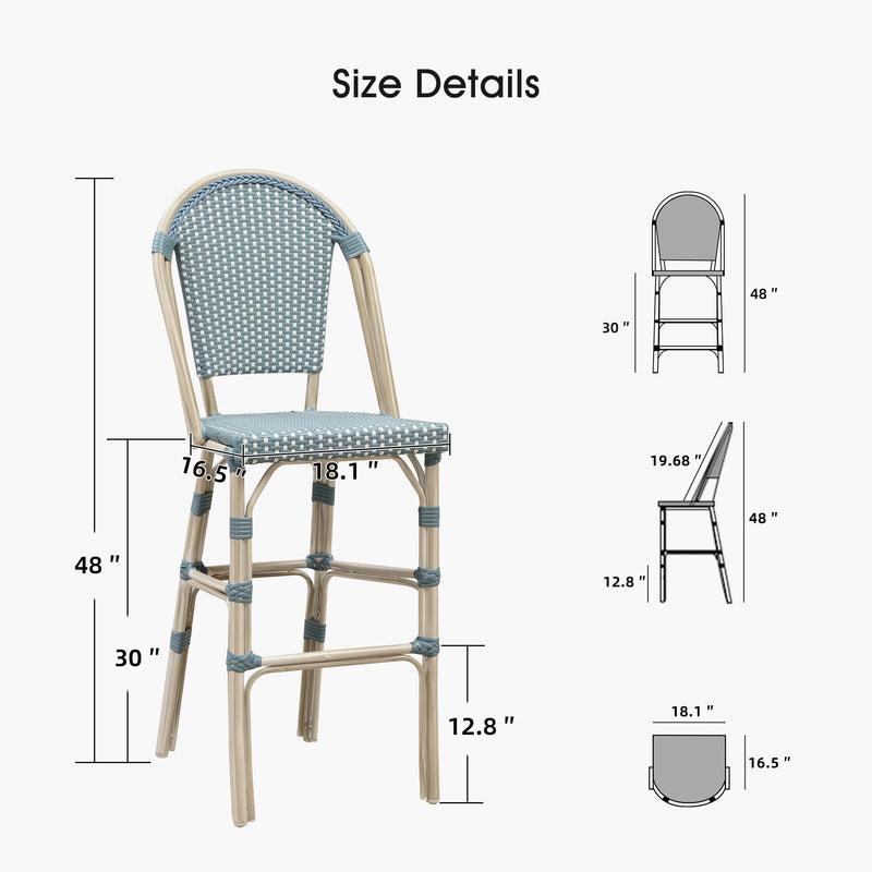 PURPLE LEAF French Counter Height Bar Height Stool Set of 2, Patio Bar Chairs with Back Rattan, French Bistro Set