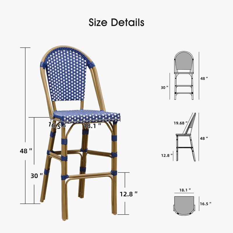 PURPLE LEAF French Counter Height Bar Height Stool Set of 2, Patio Bar Chairs with Back Rattan, French Bistro Set