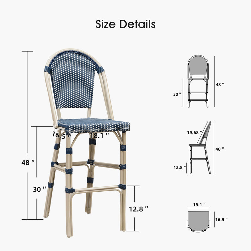 PURPLE LEAF French Counter Height Bar Height Stool Set of 2, Patio Bar Chairs with Back Rattan, French Bistro Set