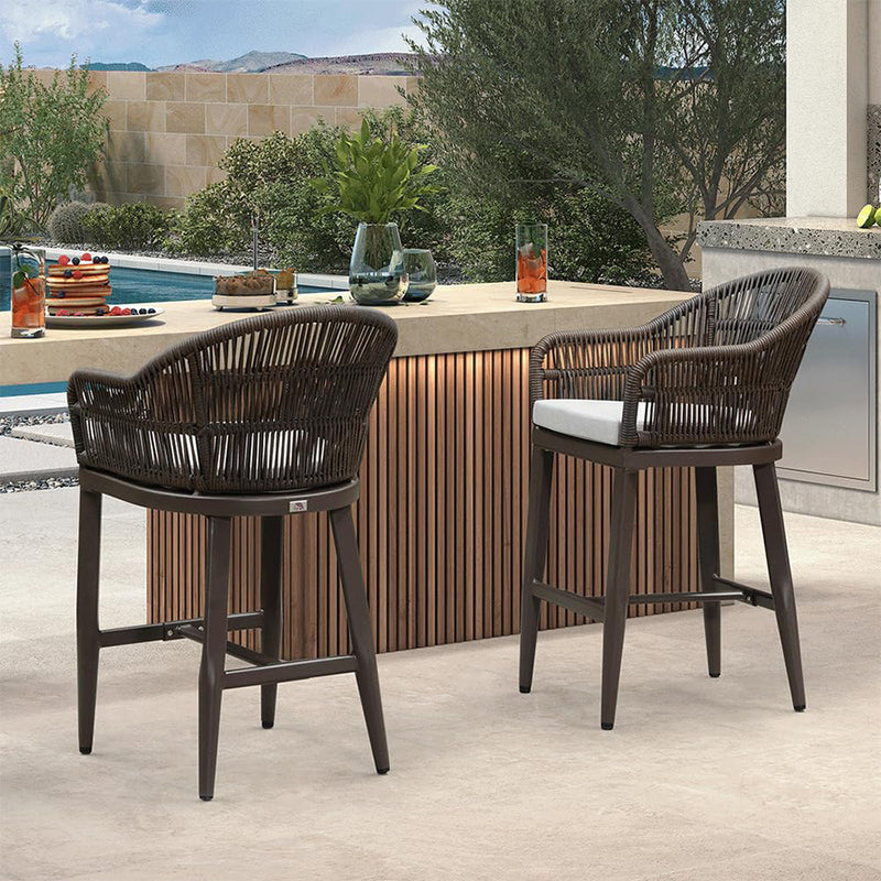 PURPLE LEAF Outdoor Bar Stools Set of 2 Rattan Bar Stools Counter Stools with Back and Cushions  for Patio, Garden, Kitchen