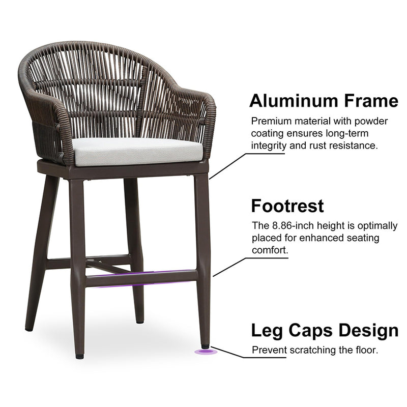 PURPLE LEAF Outdoor Bar Stools Set of 2 Rattan Bar Stools Counter Stools with Back and Cushions  for Patio, Garden, Kitchen