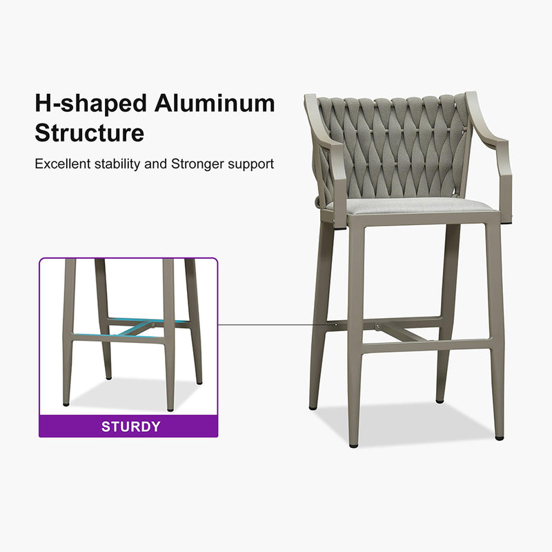 PURPLE LEAF Outdoor Bar Stool Set of 2 Aluminum Frame Bar Chair with Cushion and Back Kitchen Island Bar Stools