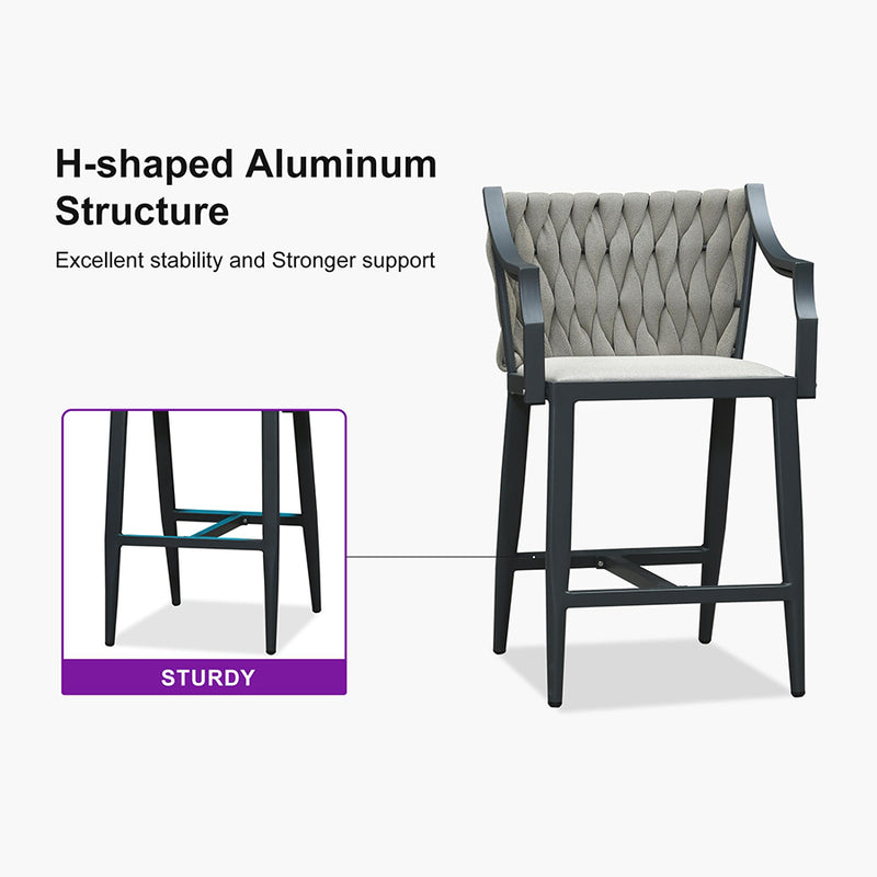 PURPLE LEAF Outdoor Bar Stool Set of 2 Aluminum Frame Bar Chair with Cushion and Back Kitchen Island Bar Stools