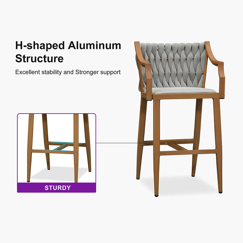 PURPLE LEAF Outdoor Bar Stool Set of 2 Aluminum Frame Bar Chair with Cushion and Back Kitchen Island Bar Stools