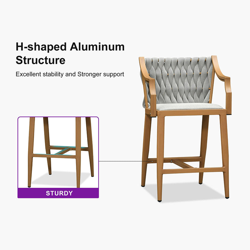 PURPLE LEAF Outdoor Bar Stool Set of 2 Aluminum Frame Bar Chair with Cushion and Back Kitchen Island Bar Stools