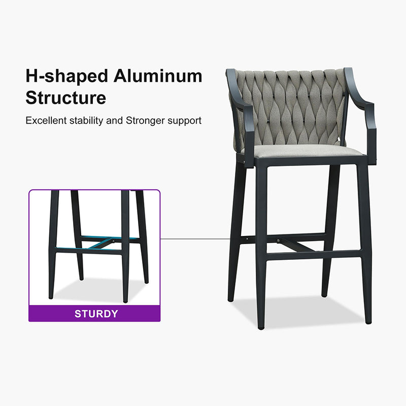 PURPLE LEAF Outdoor Bar Stool Set of 2 Aluminum Frame Bar Chair with Cushion and Back Kitchen Island Bar Stools