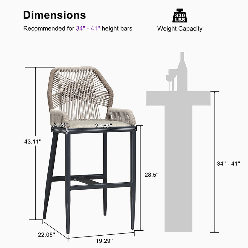 PURPLE LEAF Bar Stools Set of 2 Modern Rattan Bar Stools Counter Stools with Cushions for Outdoor Kitchen Island Stools