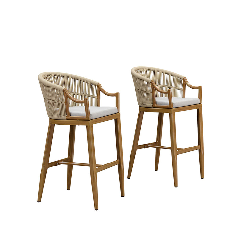 PURPLE LEAF Patio Bar Stools Set of 2 Outdoor Wicker Modern High Bar Chairs Metal Cushioned Barstools with Backs and Ergonomic Armrest for Balcony Garden Indoor Kitchen Island