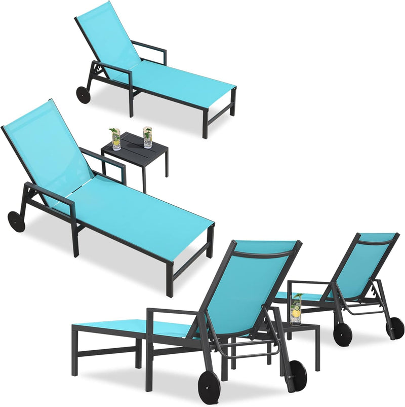 PURPLE LEAF Aluminum Outdoor Chaise Lounge with Wheels and Armrests for Pool Backyard Beach