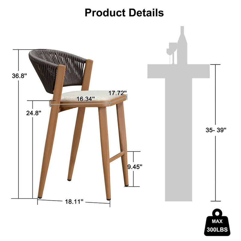 PURPLE LEAF Counter Height Bar Stool Set of 2 Outdoor Stool Chair with Footrest Patio Bar Height Stools Rattan Barstools for Outdoor or Indoor