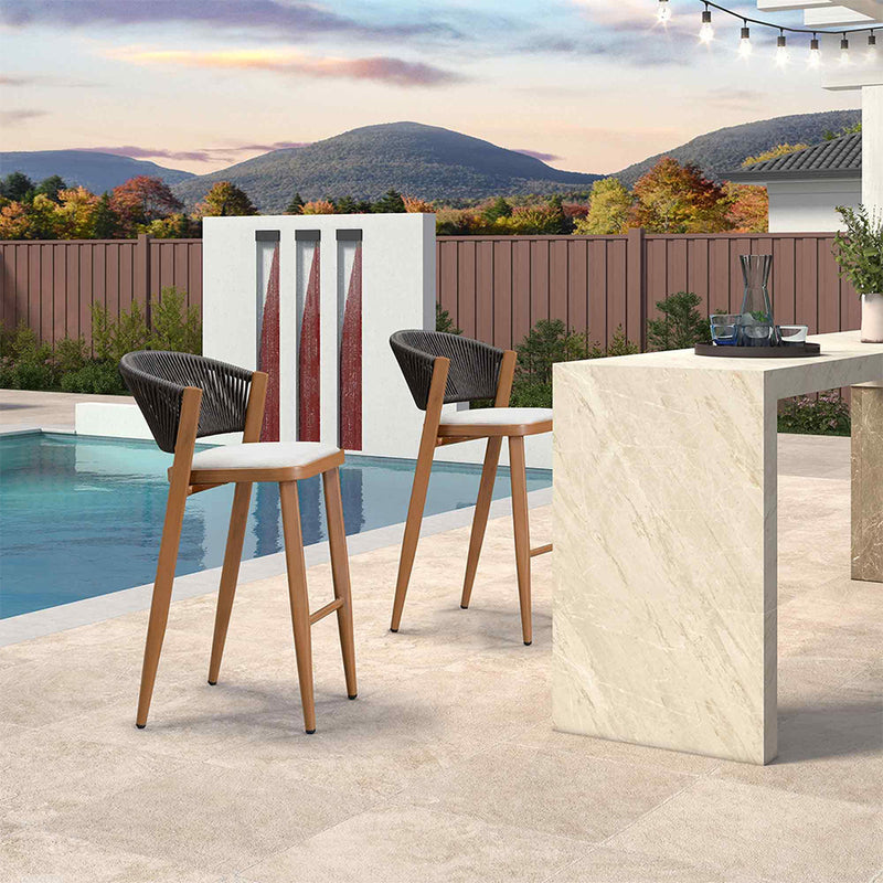 Outdoor bar stools set of 2 with woven back and cushioned seat, patio furniture beside the pool.