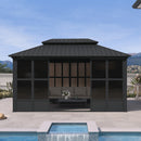 PURPLE LEAF Sunroom Hardtop Gazebo Solarium Grey Galvanized Steel Double Roof  All-Weather Aluminum Outdoor Screen House with String Lights