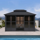 PURPLE LEAF Sunroom Hardtop Gazebo Solarium Grey Galvanized Steel Double Roof  All-Weather Aluminum Outdoor Screen House with String Lights