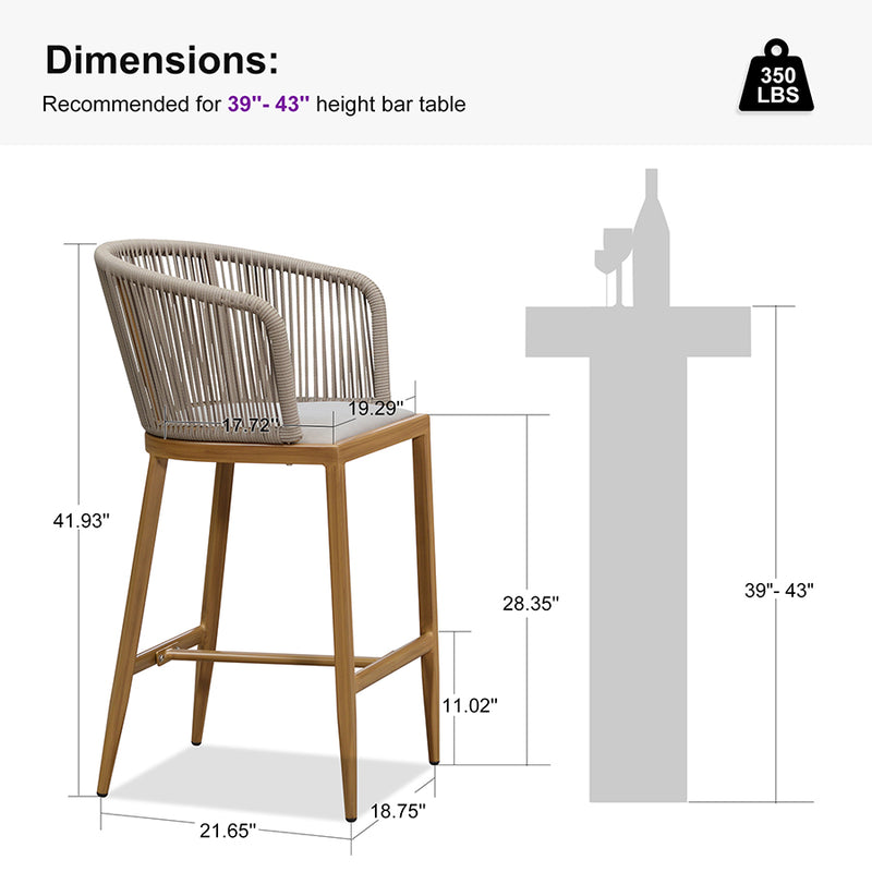 PURPLE LEAF Outdoor Bar stools Stools Set of 2 Rattan Bar Chairs with Embedded Cushions and  Back for Outdoor or Indoor