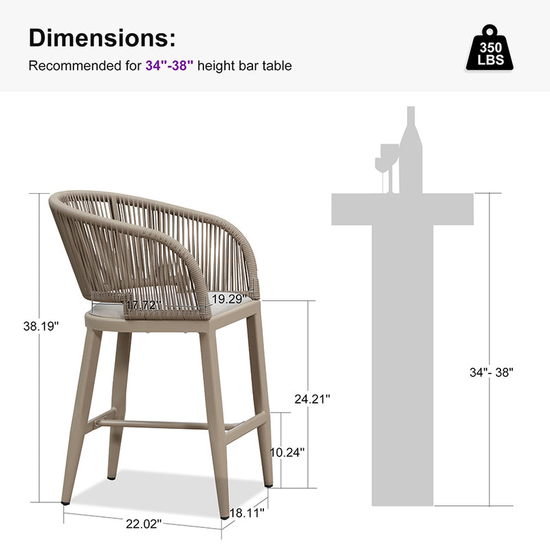 PURPLE LEAF Outdoor Bar stools Stools Set of 2 Rattan Bar Chairs with Embedded Cushions and  Back for Outdoor or Indoor