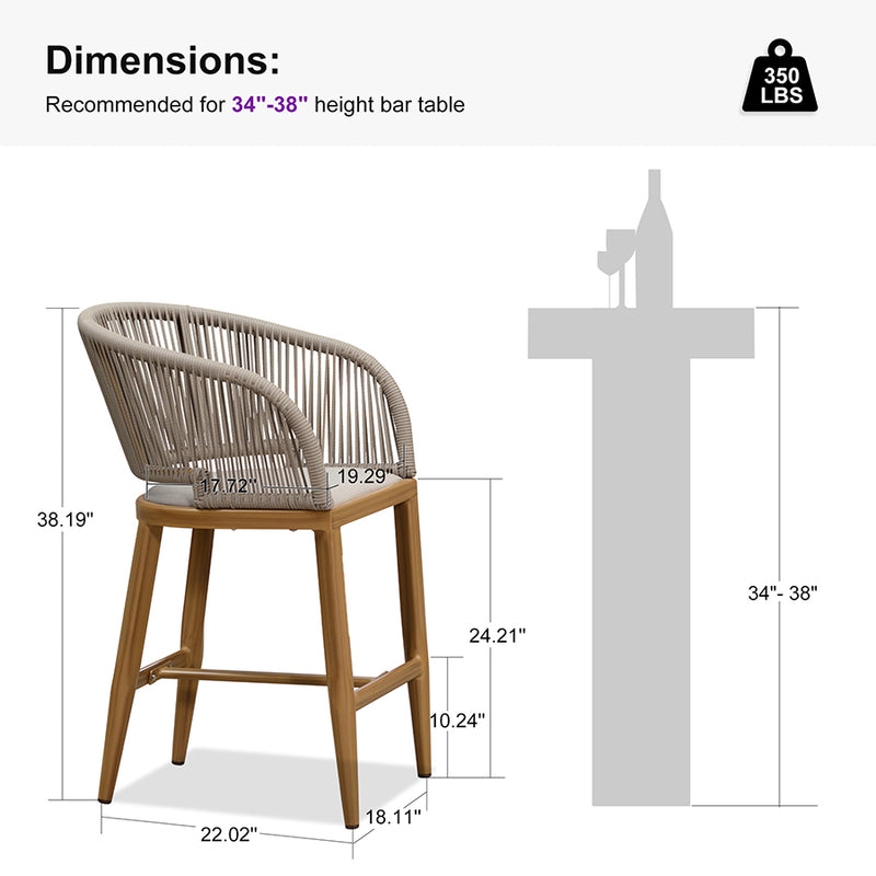PURPLE LEAF Outdoor Bar stools Stools Set of 2 Rattan Bar Chairs with Embedded Cushions and  Back for Outdoor or Indoor
