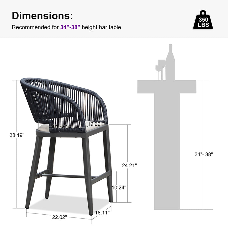 PURPLE LEAF Outdoor Bar stools Stools Set of 2 Rattan Bar Chairs with Embedded Cushions and  Back for Outdoor or Indoor
