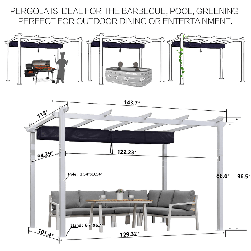 Clearance - PURPLE LEAF Outdoor Retractable Pergola with Sun Shade Canopy - Purple Leaf Garden