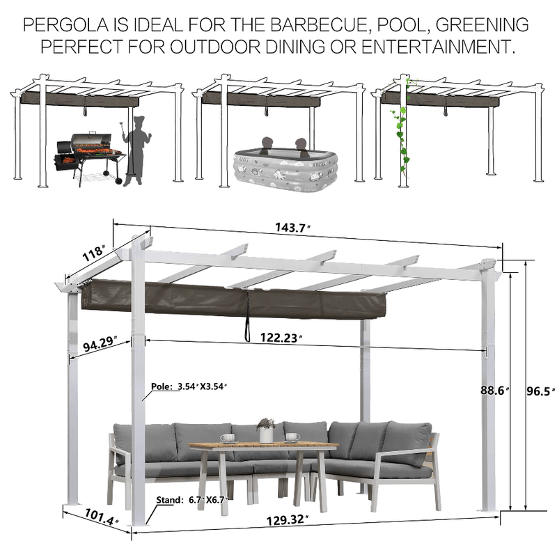 Clearance - PURPLE LEAF Outdoor Retractable Pergola with Sun Shade Canopy - Purple Leaf Garden