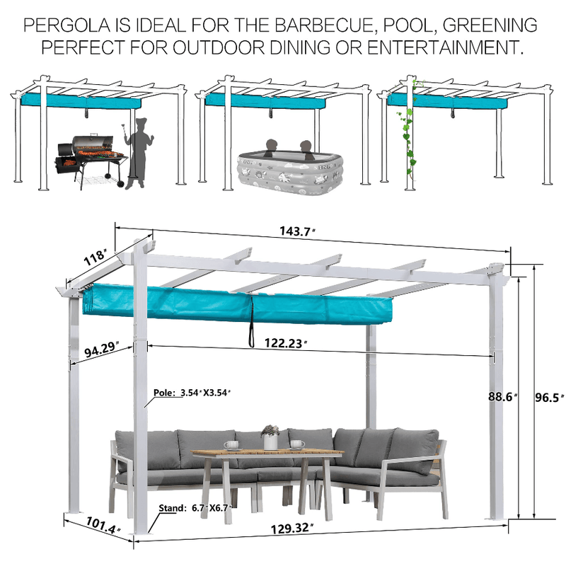Clearance - PURPLE LEAF Outdoor Retractable Pergola with Sun Shade Canopy - Purple Leaf Garden