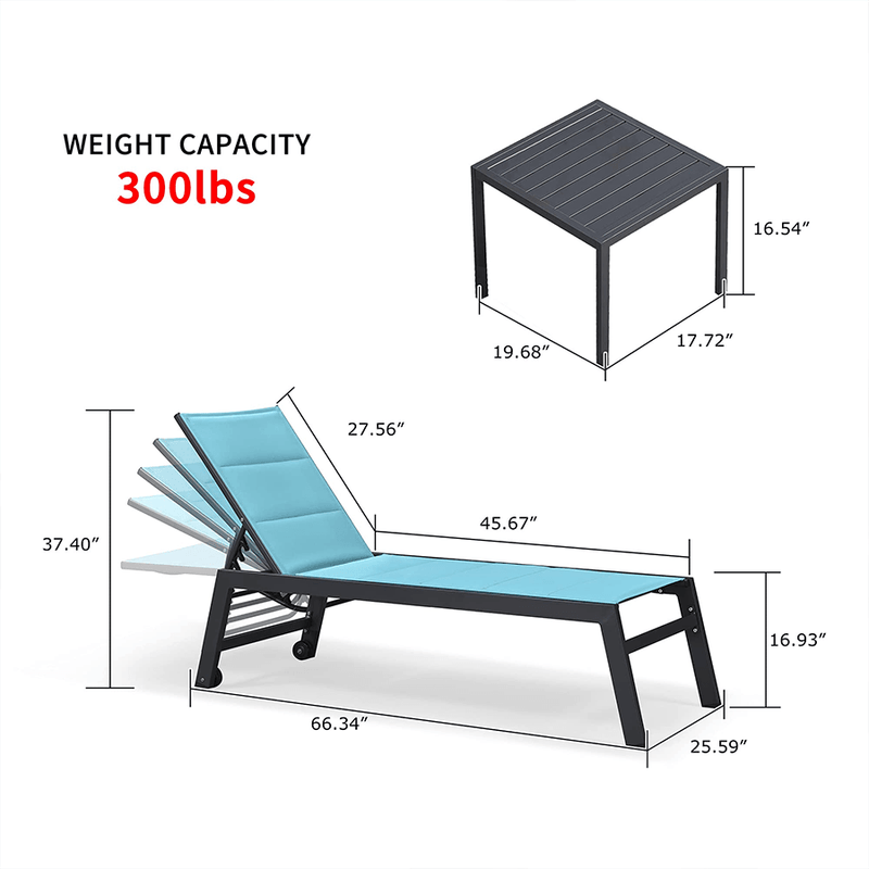 【Clearance】PURPLE LEAF Outdoor Chaise Lounge Aluminum with Side Table and Wheels Reclining Chair - Purple Leaf Garden