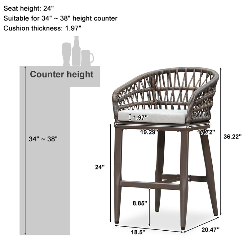PURPLE LEAF Outdoor Bar Stools Counter Stools Rattan Bar Stools Chair Set of 2 with Backrest for Indoor or Outdoor, Kitchen lsland