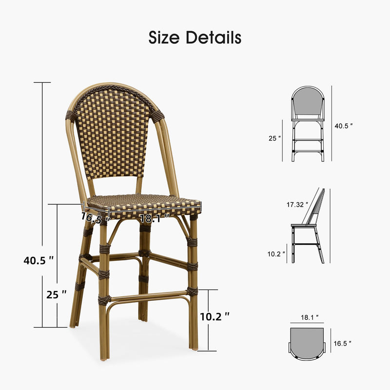 PURPLE LEAF French Counter Height Bar Height Stool Set of 2, Patio Bar Chairs with Back Rattan, French Bistro Set