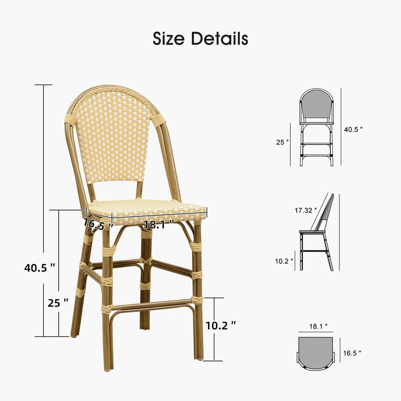PURPLE LEAF French Counter Height Bar Height Stool Set of 2, Patio Bar Chairs with Back Rattan, French Bistro Set