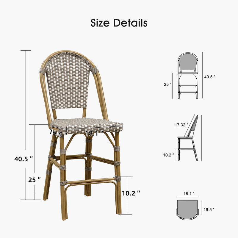 PURPLE LEAF French Counter Height Bar Height Stool Set of 2, Patio Bar Chairs with Back Rattan, French Bistro Set