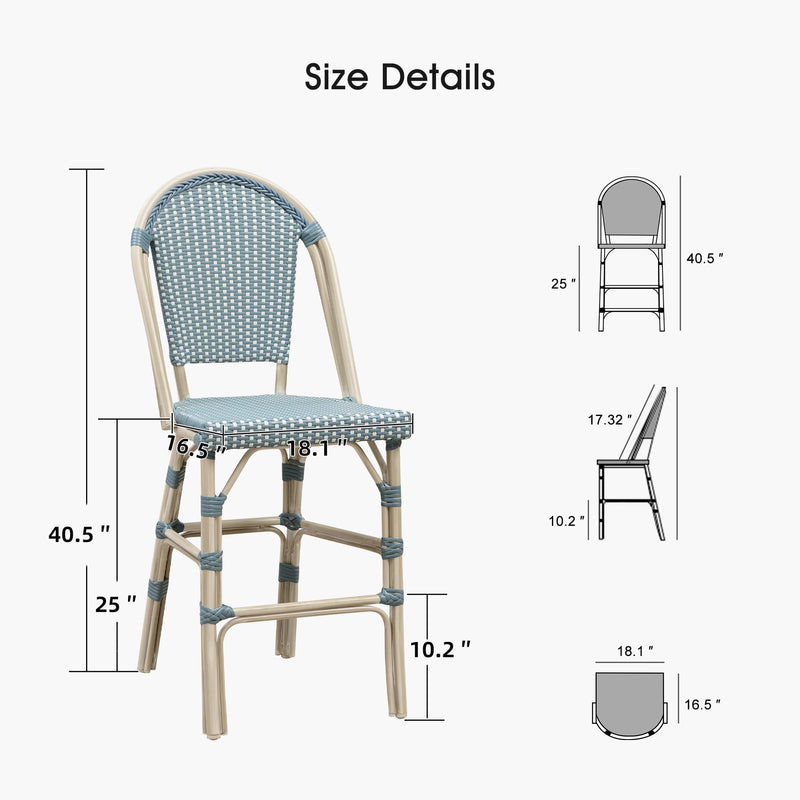 PURPLE LEAF French Counter Height Bar Height Stool Set of 2, Patio Bar Chairs with Back Rattan, French Bistro Set