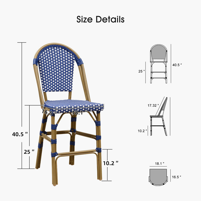 PURPLE LEAF French Counter Height Bar Height Stool Set of 2, Patio Bar Chairs with Back Rattan, French Bistro Set