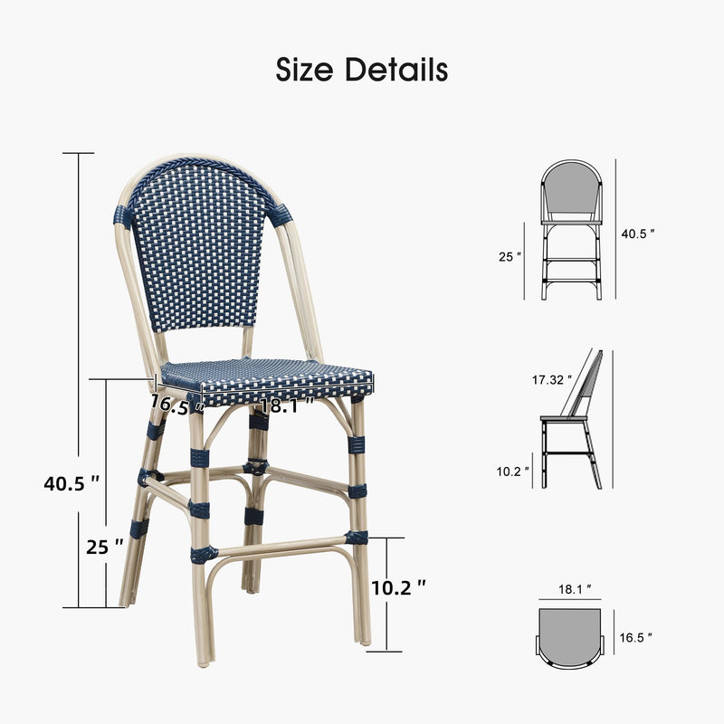 PURPLE LEAF French Counter Height Bar Height Stool Set of 2, Patio Bar Chairs with Back Rattan, French Bistro Set
