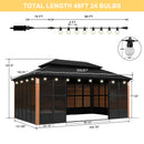 PURPLE LEAF Sunroom Hardtop Gazebo Solarium Wood Grain  Galvanized Steel Double Roof All-Weather Aluminum Outdoor Screen House with String Lights