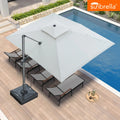 PURPLE LEAF 9'X12' SUNBRELLA Premium Fabric Patio Cantilever Grey Aluminum Canvas Natural Umbrella – UV 50+ professional, heavy-duty sun protection that blocks UV rays impeccably. Paired with matching loungers in the same color, savor cool and leisurely moments by the pool.