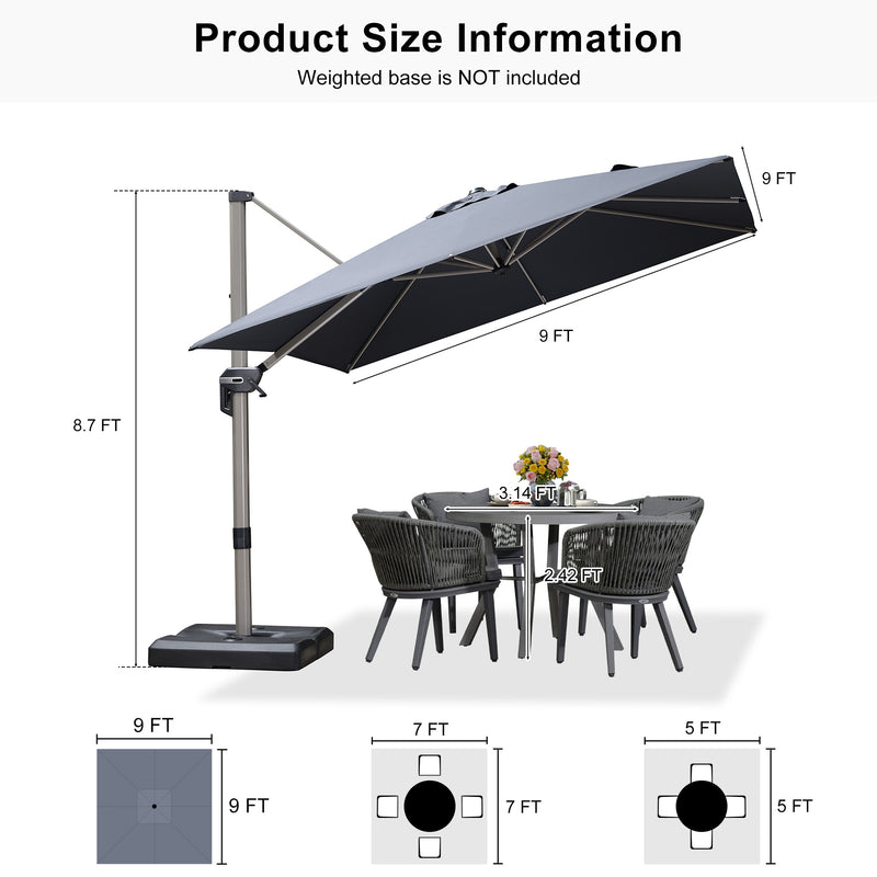 PURPLE LEAF Deluxe Aluminum Outdoor Patio Umbrella Square Cantilever Umbrellas