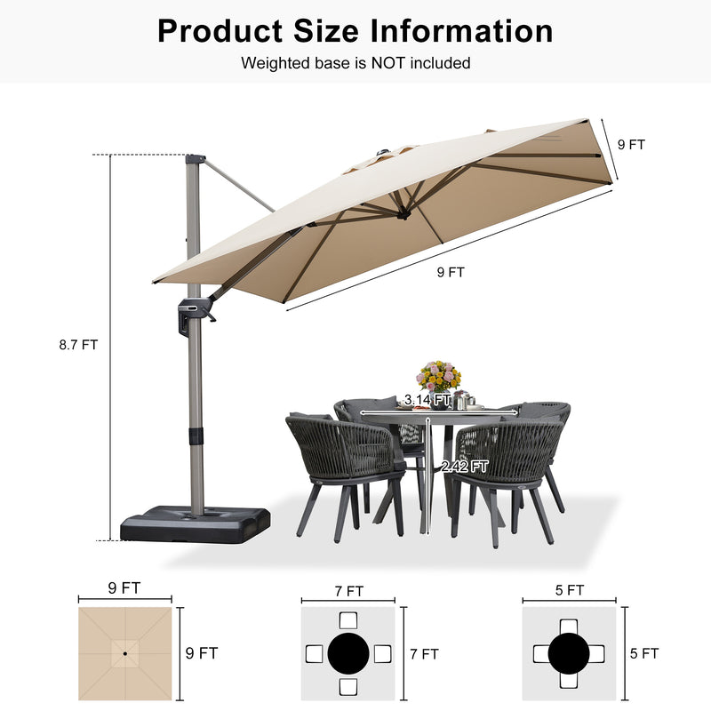 PURPLE LEAF Deluxe Aluminum Outdoor Patio Umbrella Square Cantilever Umbrellas