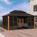 PURPLE LEAF Bronze Frame Sunroom Hardtop Gazebo Solarium Wood Grain Columns Galvanized Steel Double Roof All-Weather Screen House