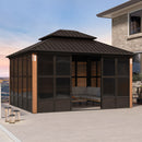 PURPLE LEAF Bronze Frame Sunroom Hardtop Gazebo Solarium Wood Grain Columns Galvanized Steel Double Roof All-Weather Screen House