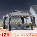 PURPLE LEAF light grey hardtop gazebo with galvanized steel roof, string lights, and curtains.